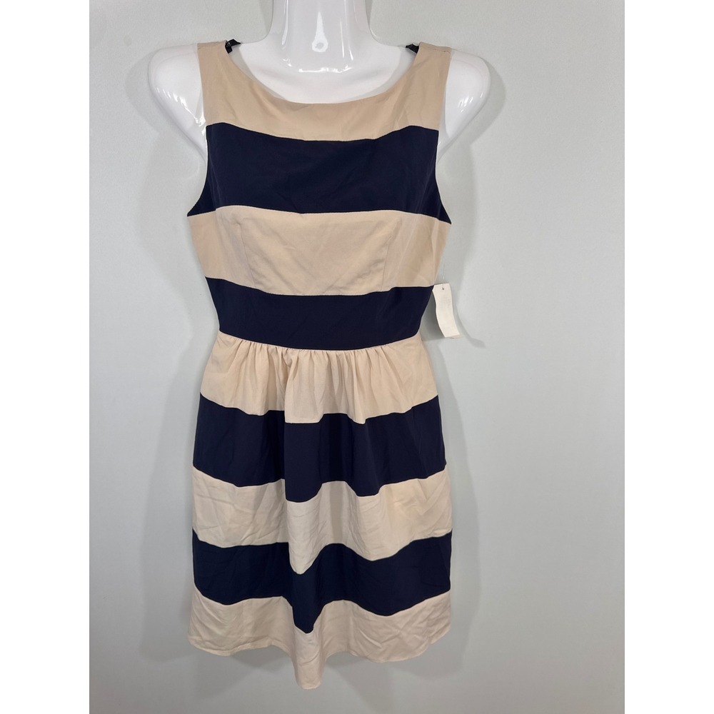 B. Darlin Nude Navy Striped Fit Flare Dress Women XS NWT Nautical Peppy Modest